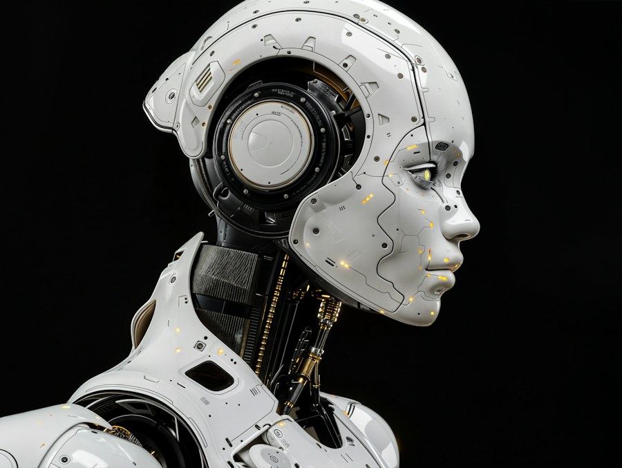 Profile view of a white humanoid robot head against a black background